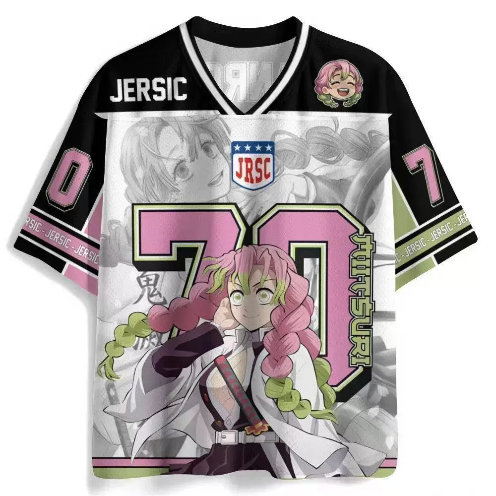 Mitsuri Kanroji Demon Slayer black pink V-neck anime jersey