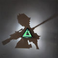 Warrior anime shadow projection lamp creating a large two-weapon fighter silhouette on a wall with a glowing green geometric triangle at its center