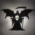 Grim Reaper Skull Shadow Lamp casting a large winged hooded reaper holding a scythe on a wall