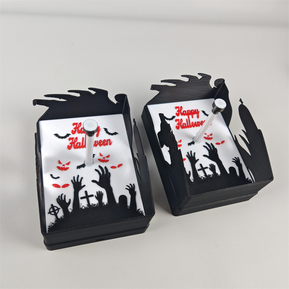 Halloween shadow lamp rear view, pair of black light units featuring red Happy Halloween lettering and spooky graveyard illustration