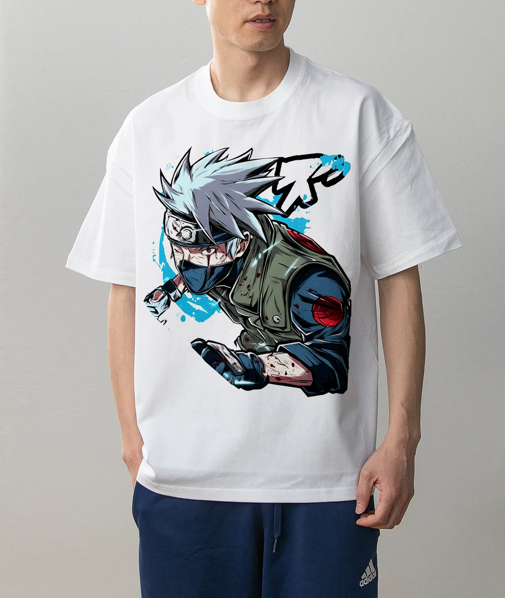 Kakashi Hatake Naruto white cotton T-shirt on model front view with blue and black anime ninja graphic