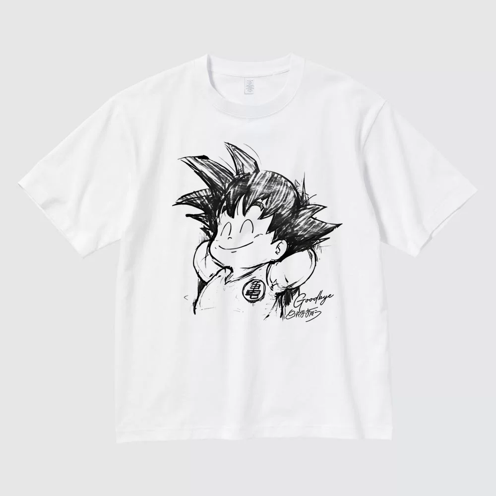 Smiling Kid Goku Goodbye design white T-shirt flat product front view