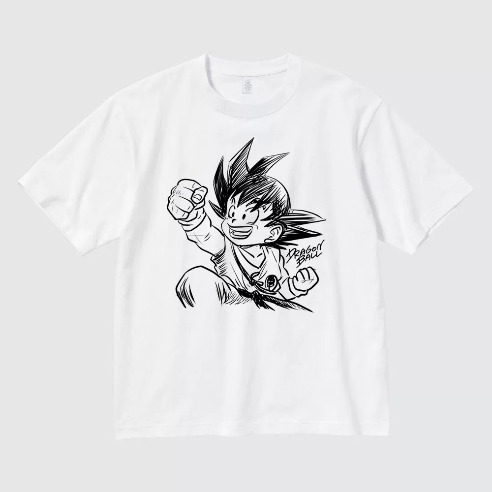 Punching Kid Goku action design white T-shirt flat product front view