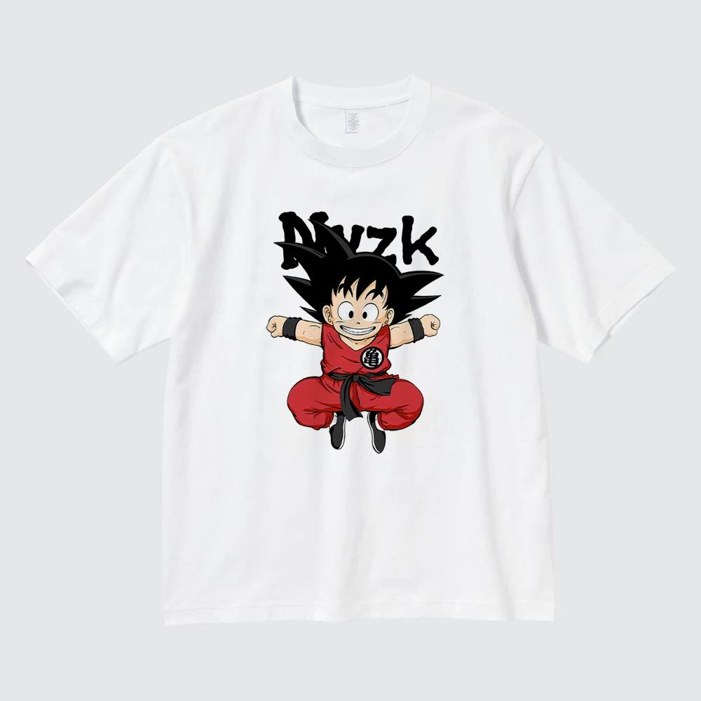 Kid Goku Dragon Ball red outfit jumping graphic white cotton T-shirt flat mockup front view