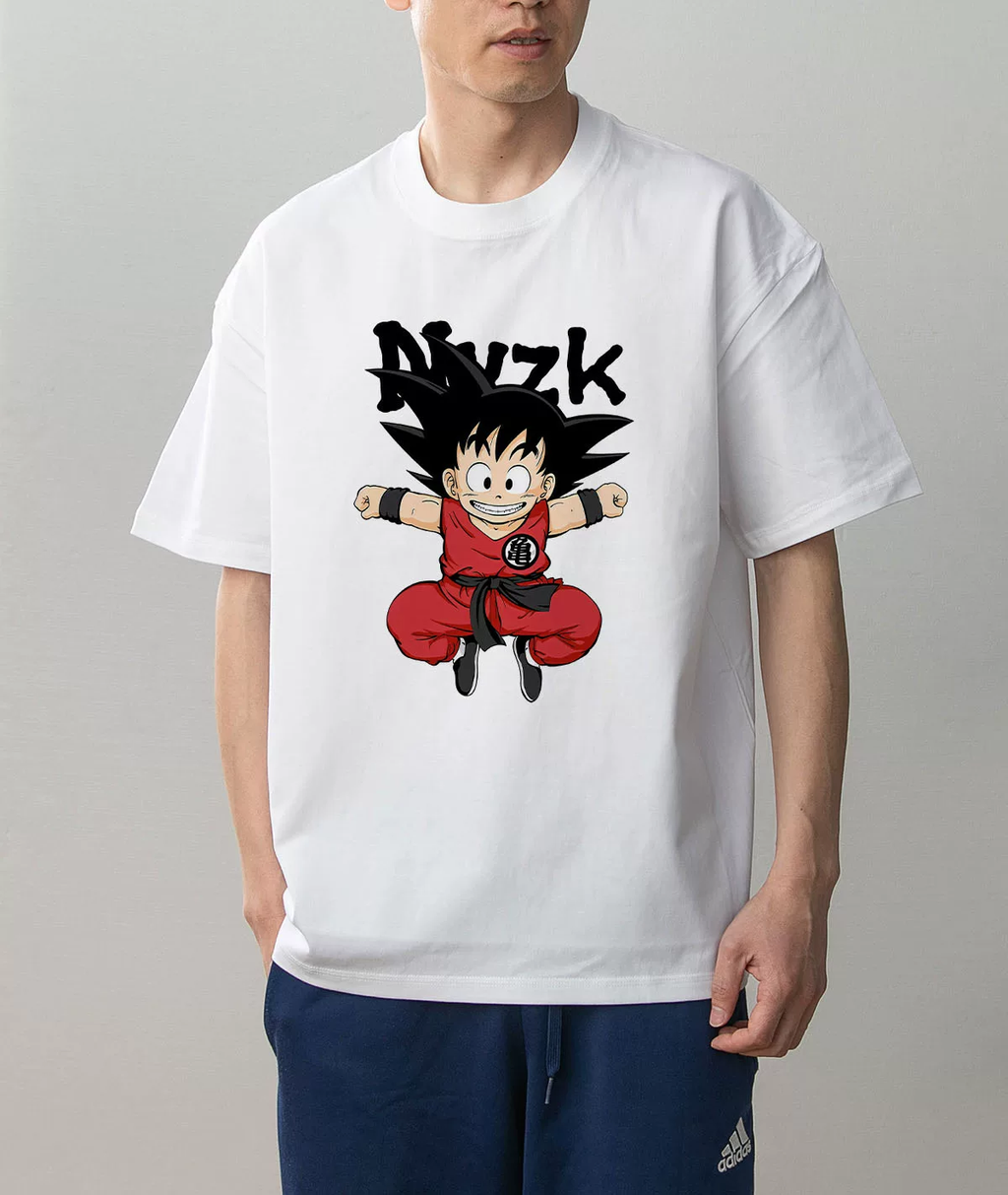 Model wearing white Kid Goku Dragon Ball jumping red outfit graphic tee, front view