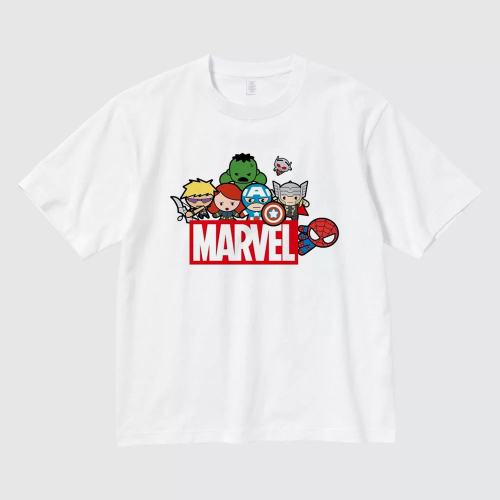 Marvel Avengers chibi heroes white cotton T-shirt flat front with colorful cartoon superhero team and red logo