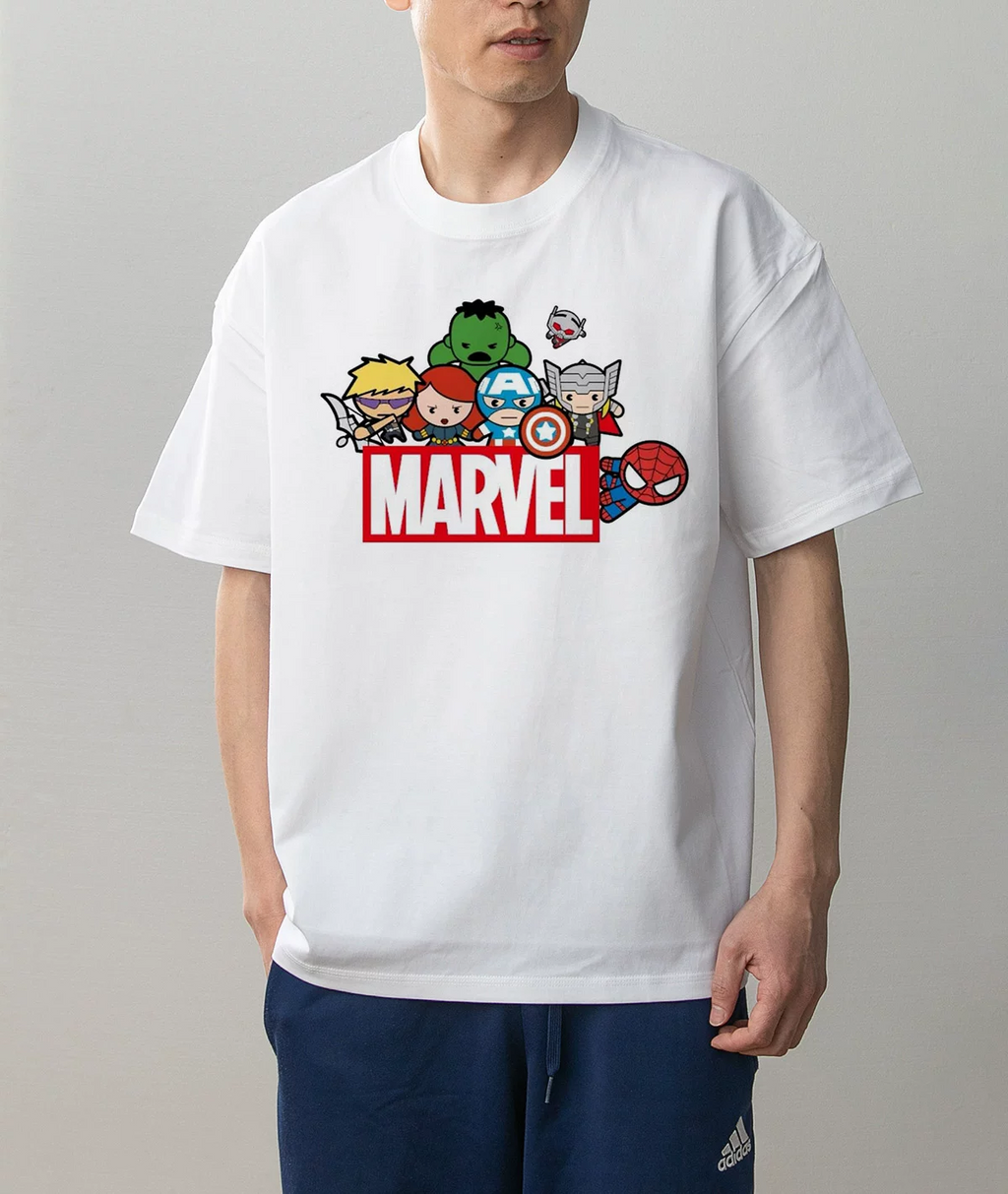 Model wearing Marvel Avengers chibi graphic white cotton T-shirt, front view showing cartoon Captain America Thor Hulk and Spider-Man