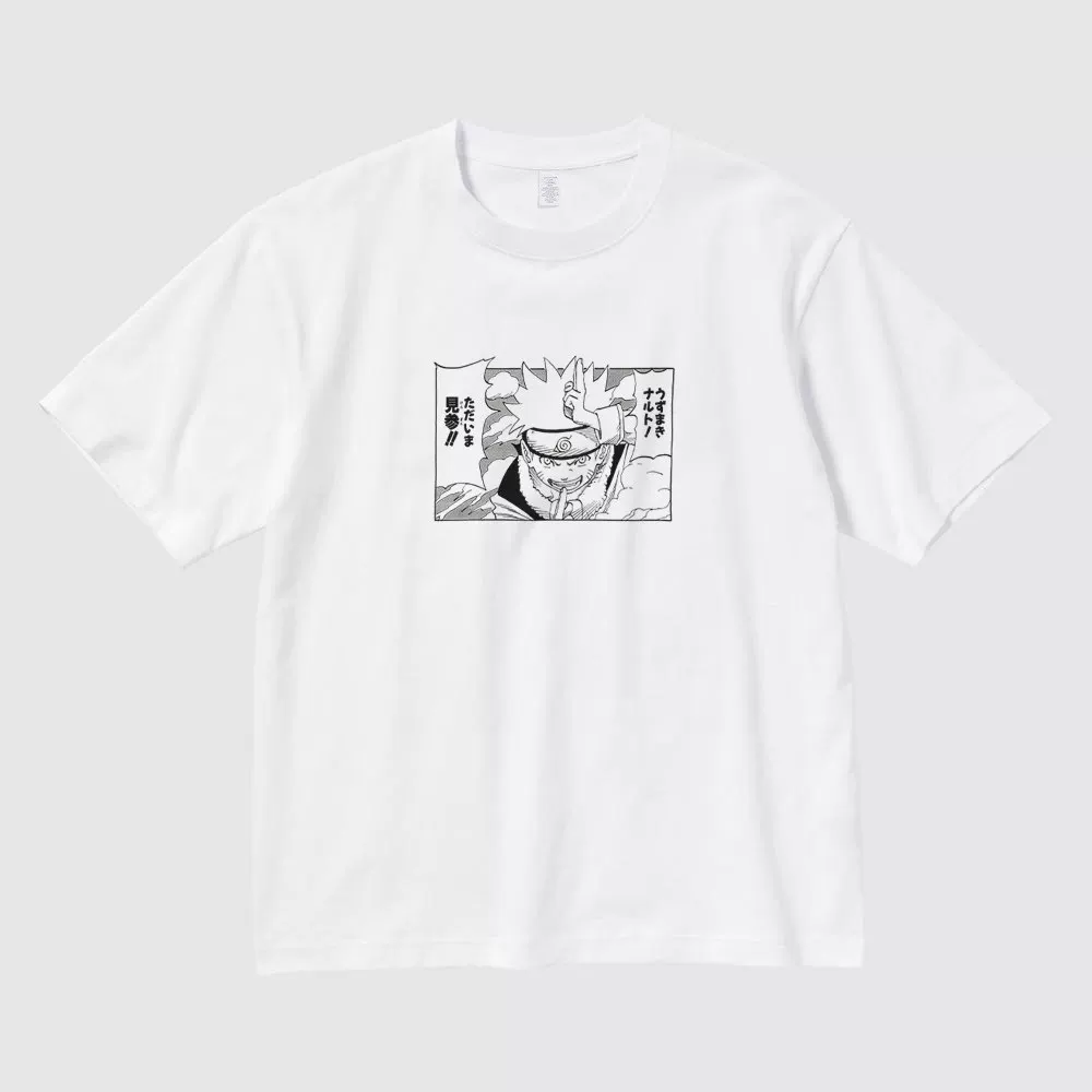 Naruto Uzumaki manga panel white T-shirt, flat front showing black-and-white ninja artwork
