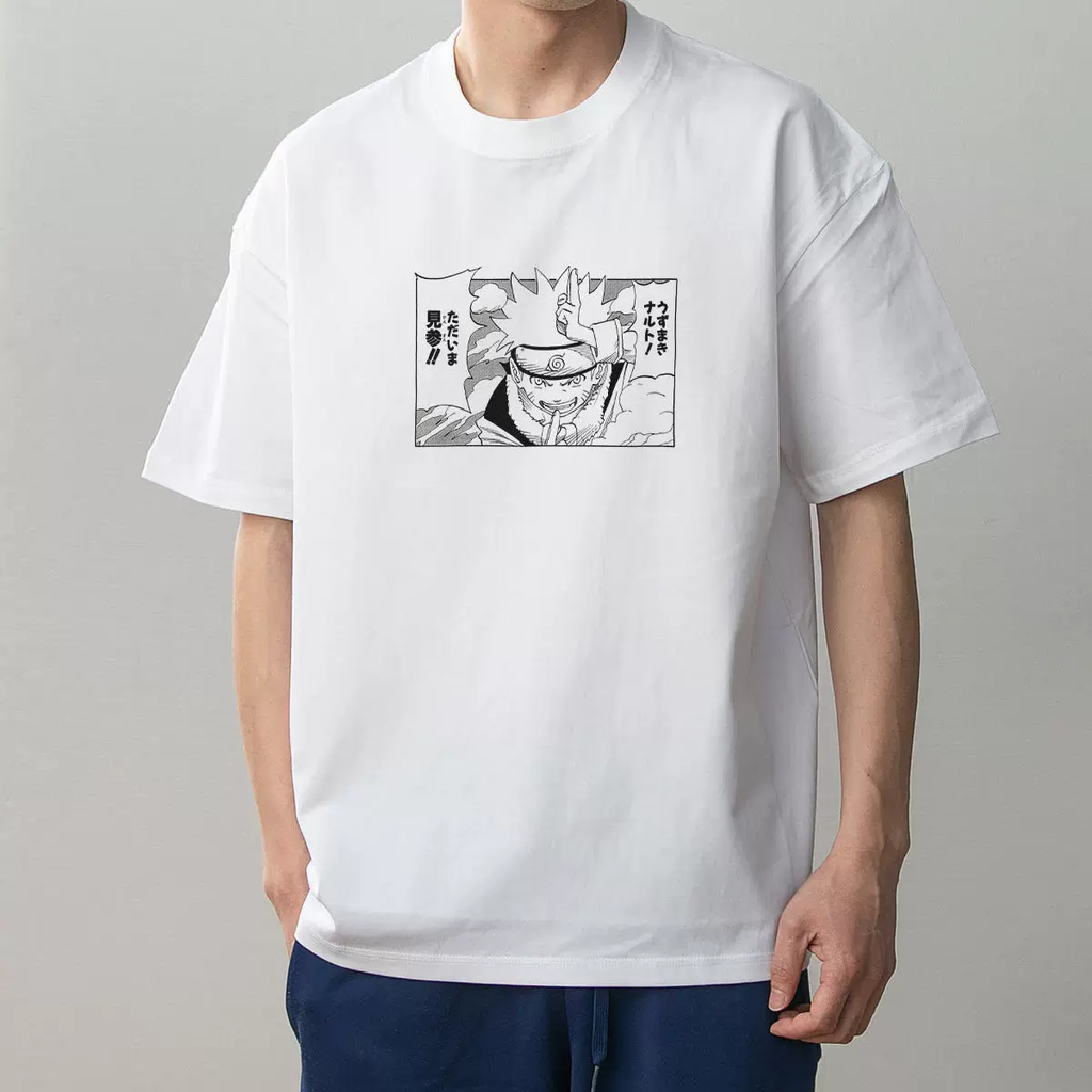 Naruto Uzumaki white cotton graphic T-shirt on model, front view with black manga-panel print