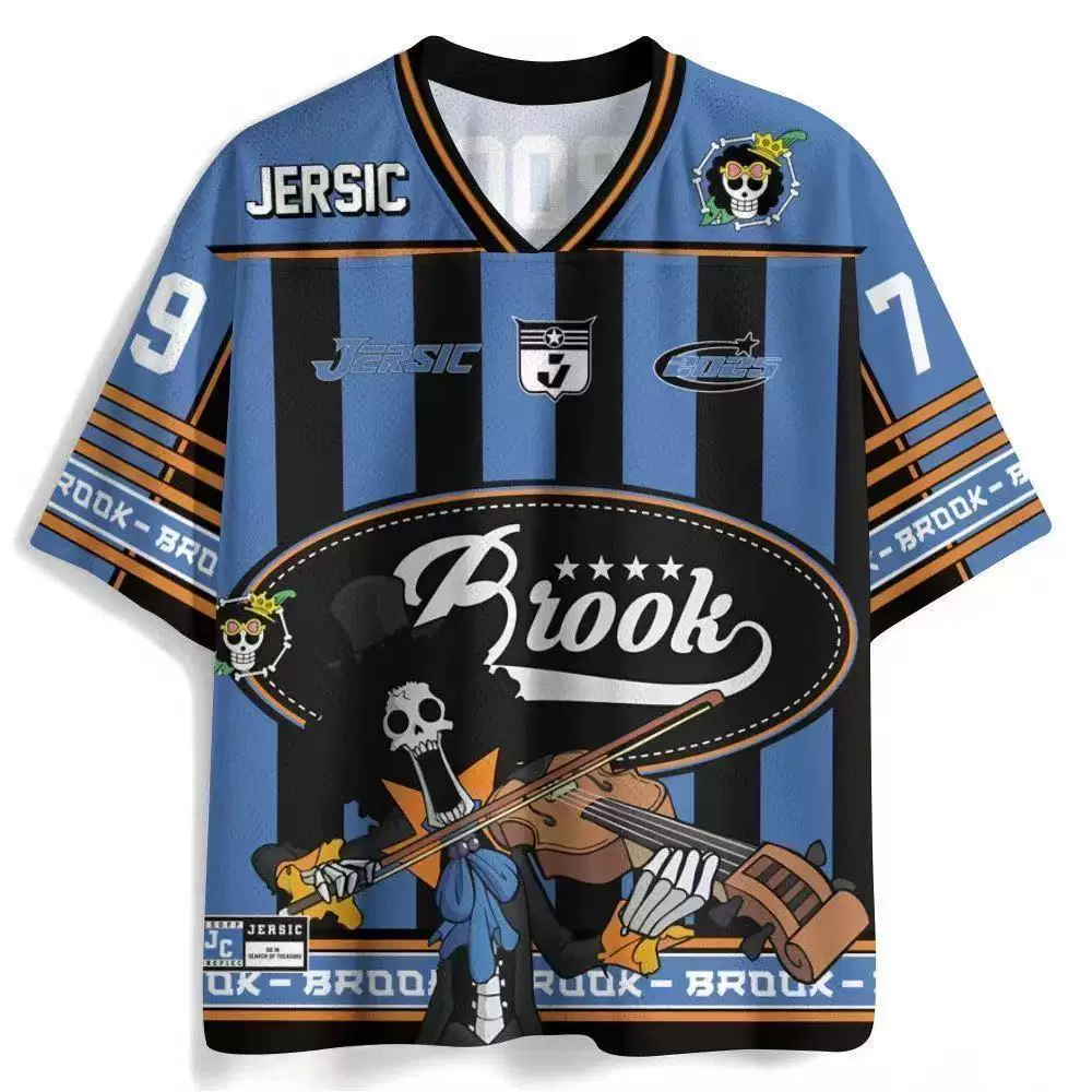Brook One Piece blue black striped V-neck anime jersey design 97