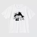 Luffy and Kid Goku friendship graphic white cotton anime T-shirt flat front mockup, monochrome manga artwork