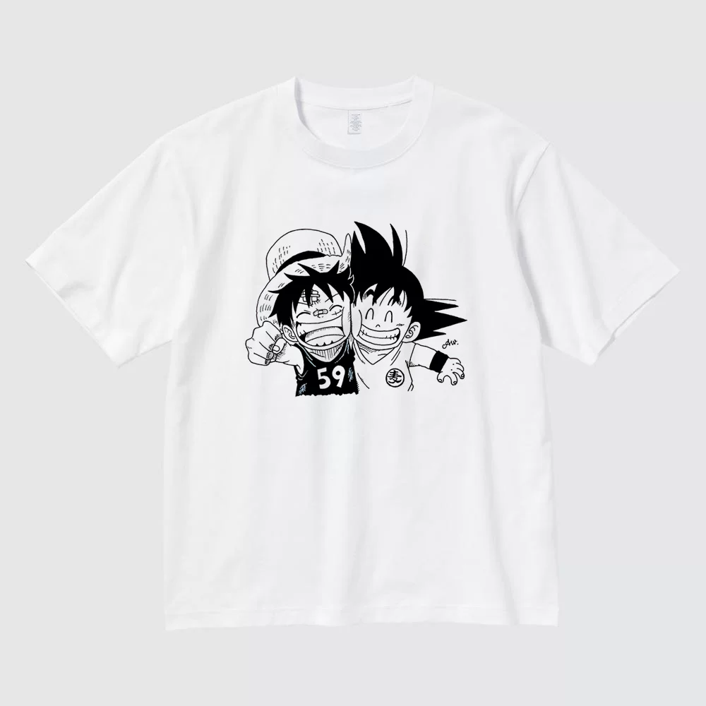 Luffy and Kid Goku friendship graphic white cotton anime T-shirt flat front mockup, monochrome manga artwork