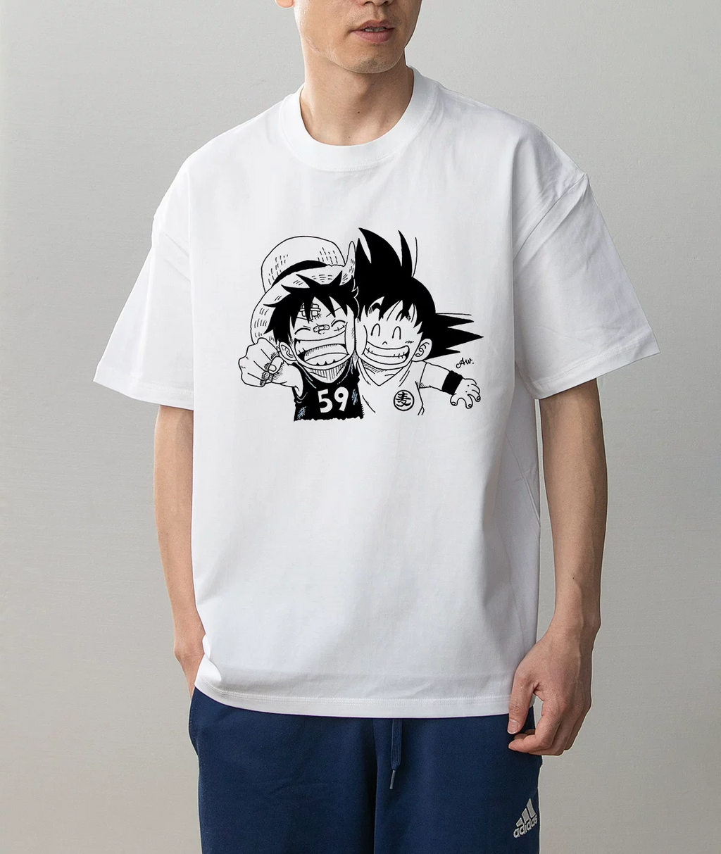 Model wearing Luffy and Kid Goku white cotton graphic T-shirt, black-and-white One Piece and Dragon Ball characters