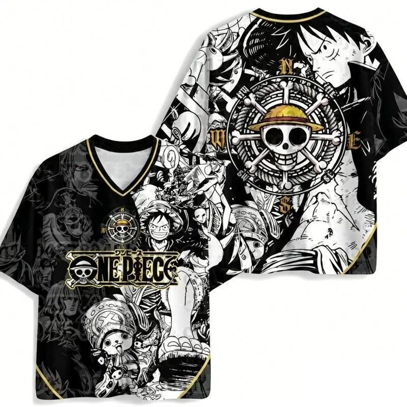 One Piece Straw Hat crew manga collage black gold V-neck jersey, front and back