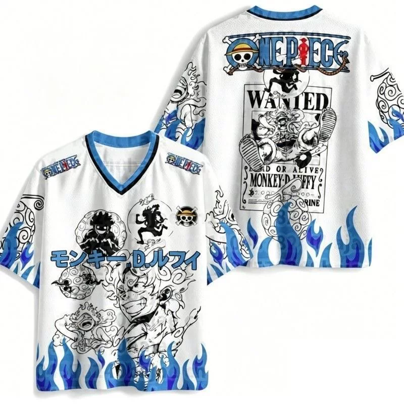 One Piece Gear 5 Luffy blue flame jersey with Wanted poster on back, front and back