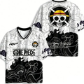 One Piece Nika Gear 5 Luffy black white jersey with cloud details, front and back views