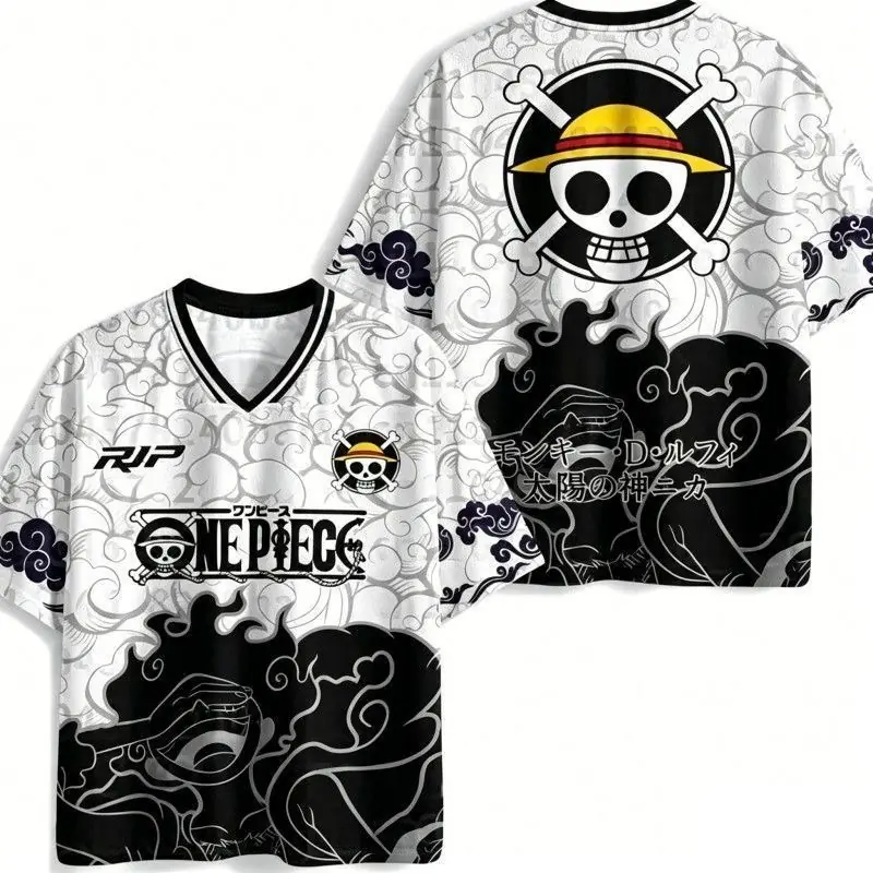 One Piece Nika Gear 5 Luffy black white jersey with cloud details, front and back views