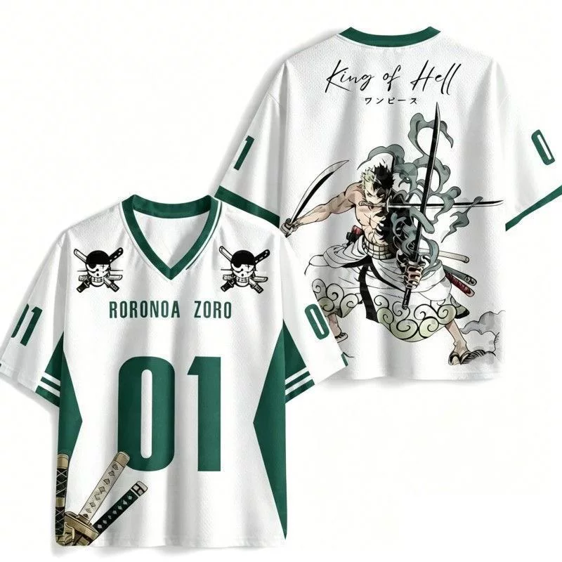 One Piece Roronoa Zoro green white V-neck jersey number 01, front and back