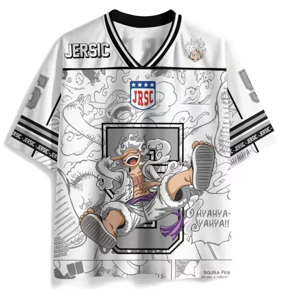 Gear 5 Monkey D. Luffy One Piece white black V-neck anime jersey