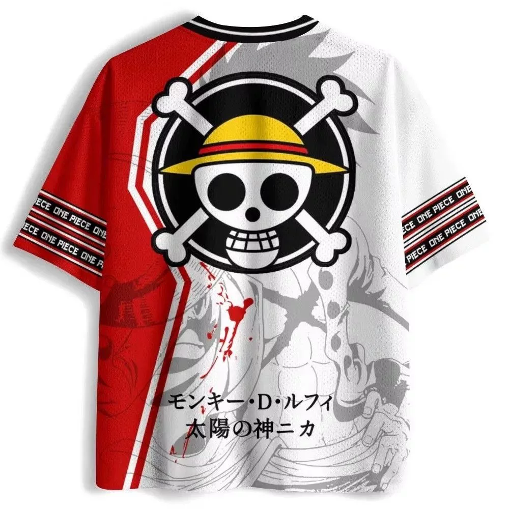 Luffy One Piece red white anime V-neck jersey back with Straw Hat Jolly Roger and Japanese lettering