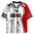 Luffy One Piece red white anime V-neck jersey front with manga art and printed logo