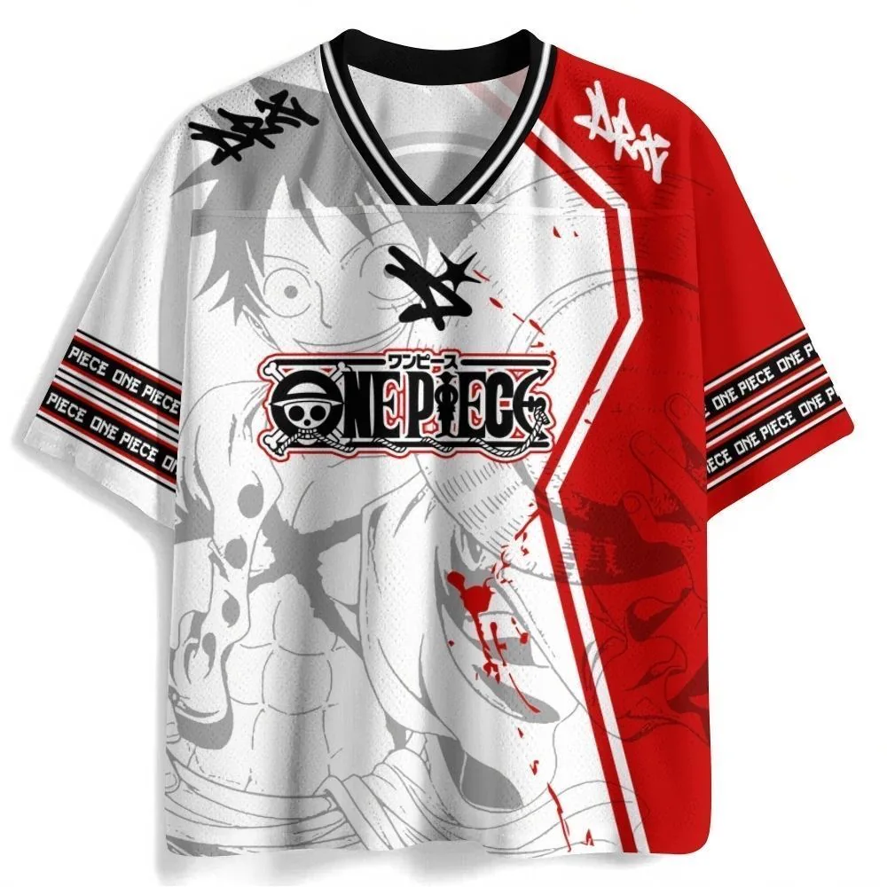Luffy One Piece red white anime V-neck jersey front with manga art and printed logo