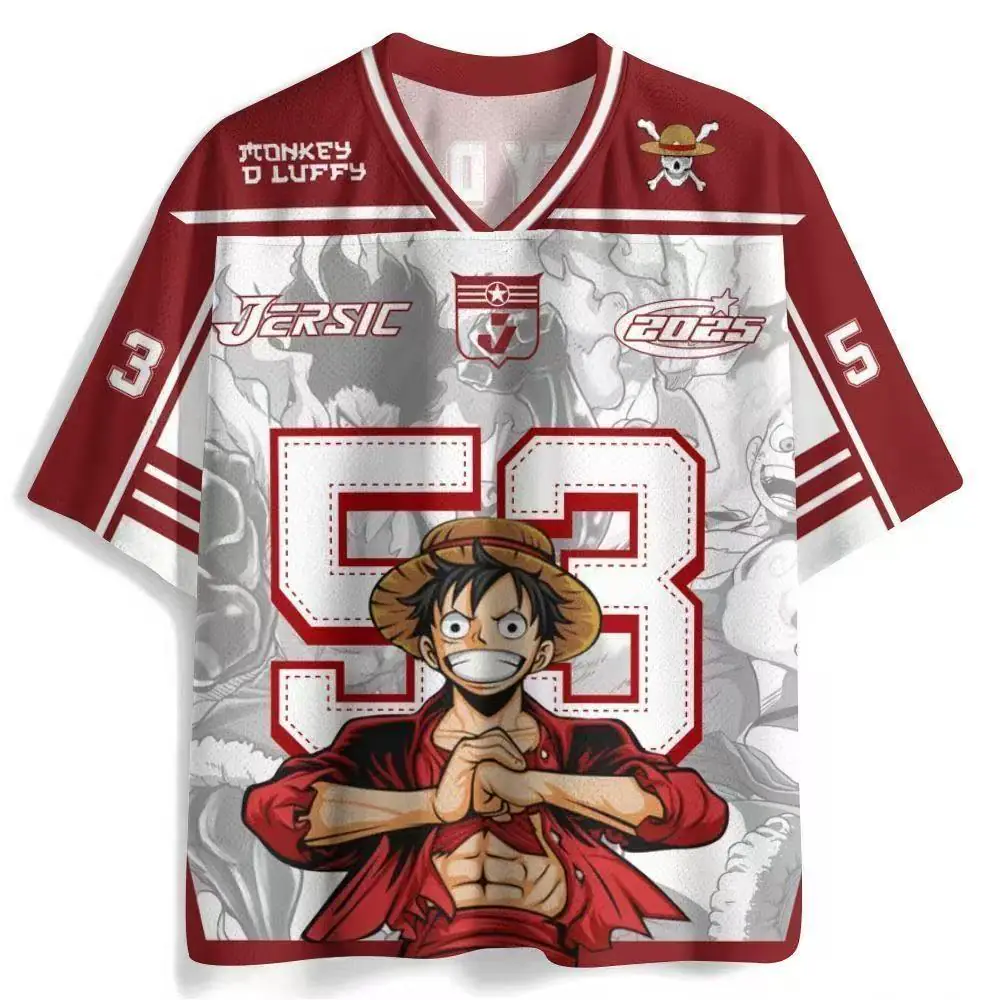 Monkey D. Luffy One Piece red and silver V-neck anime jersey design 53
