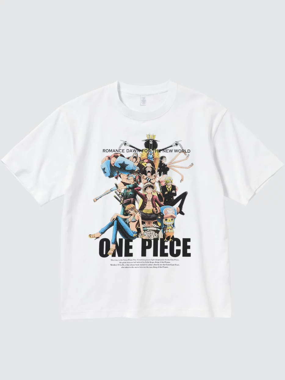 White One Piece Straw Hat Pirates graphic tee front product photo with Romance Dawn for the New World print