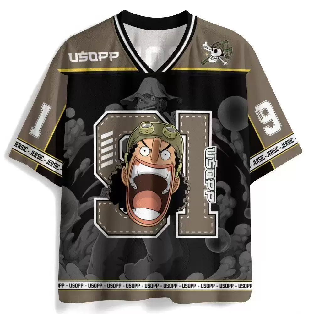Usopp One Piece black and brown V-neck anime jersey design 19