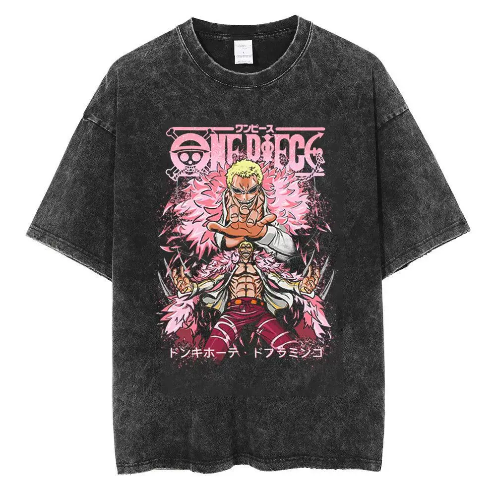 Vintage washed black One Piece-inspired cotton graphic T-shirt, design F: Doflamingo Pink Strike, front product view