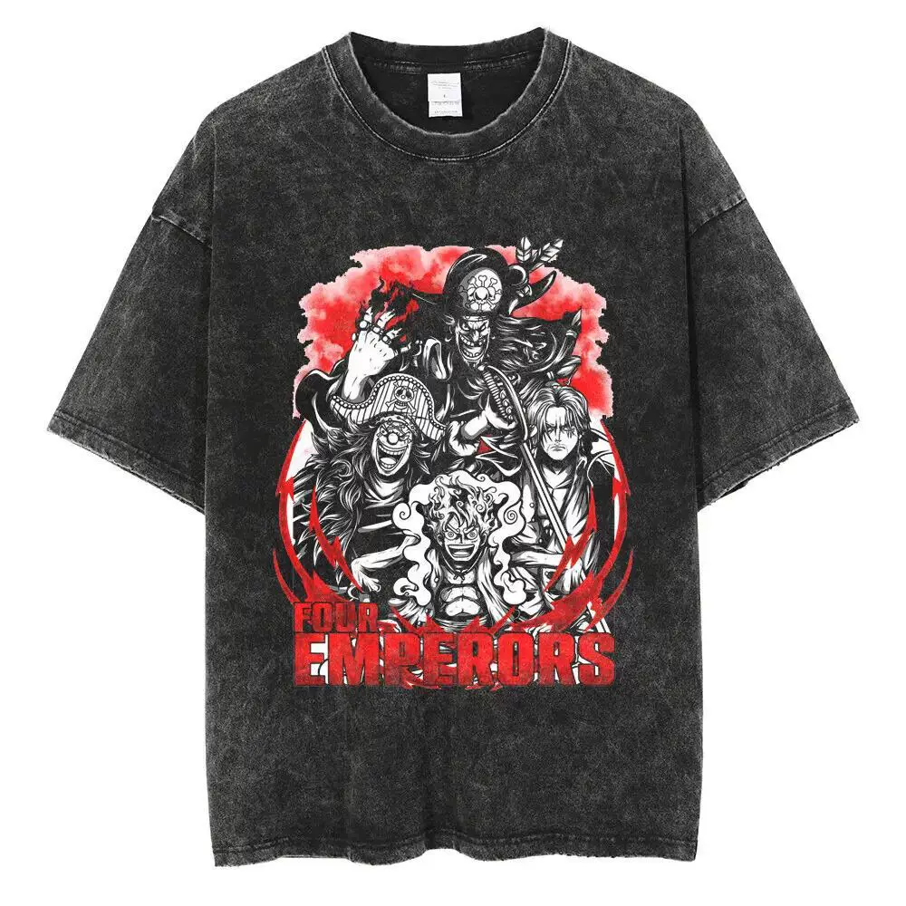 Vintage washed black One Piece-inspired cotton graphic T-shirt, design G: Four Emperors, front product view