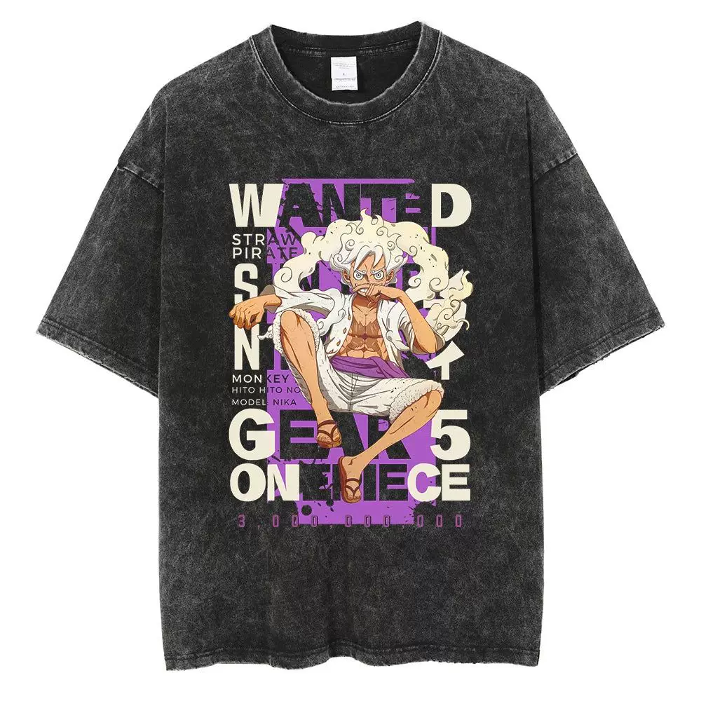 Vintage washed black One Piece-inspired cotton graphic T-shirt, design H: Gear 5 Wanted, front product view