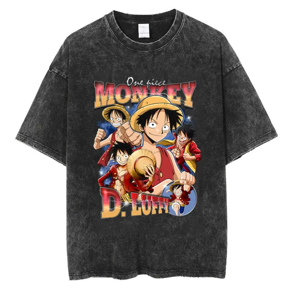 Vintage washed black One Piece-inspired cotton graphic T-shirt, design D: Monkey D. Luffy Collage, front product view