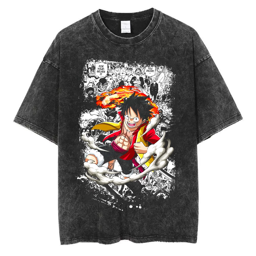 Vintage washed black One Piece-inspired cotton graphic T-shirt, design C: Luffy Fire Manga, front product view