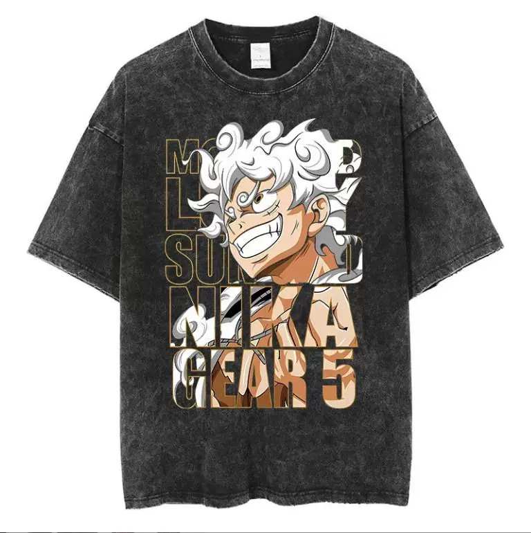 Vintage washed black One Piece-inspired cotton graphic T-shirt, design E: Luffy Gear 5 Portrait, front product view