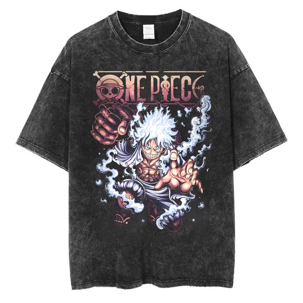 Vintage washed black One Piece-inspired cotton graphic T-shirt, design B: Luffy Gear 5 Power, front product view