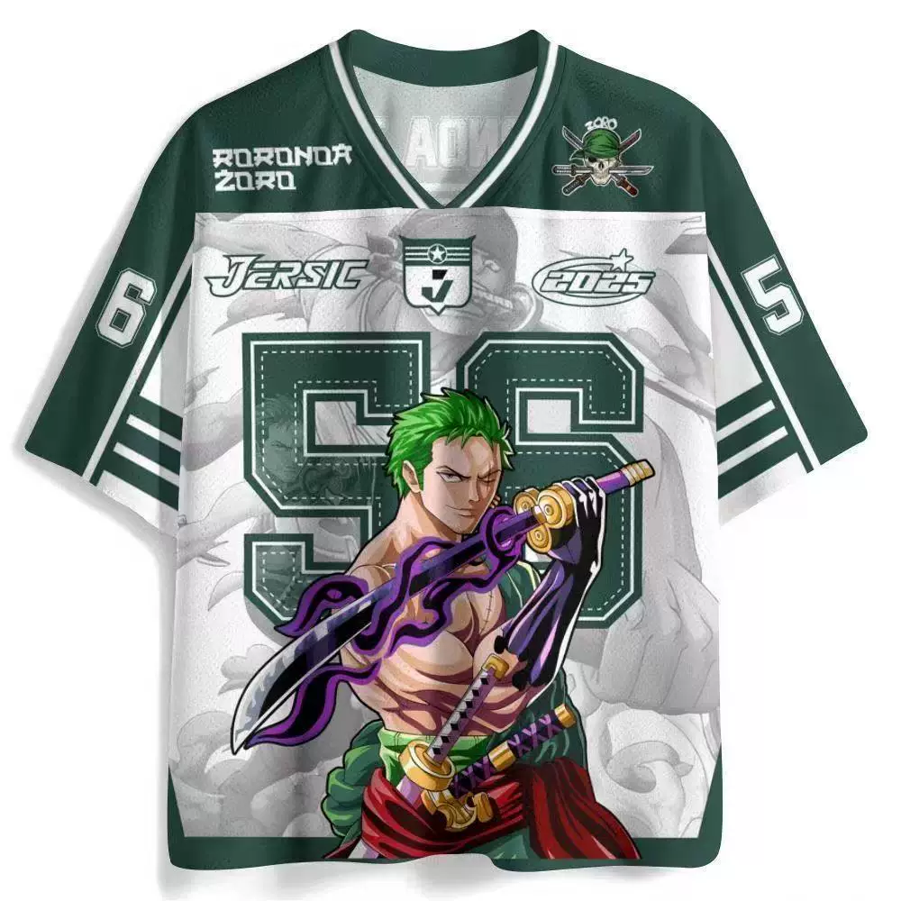 Roronoa Zoro One Piece green V-neck jersey with sword design 65