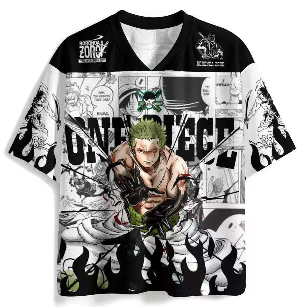 Roronoa Zoro One Piece black and white manga collage V-neck anime jersey