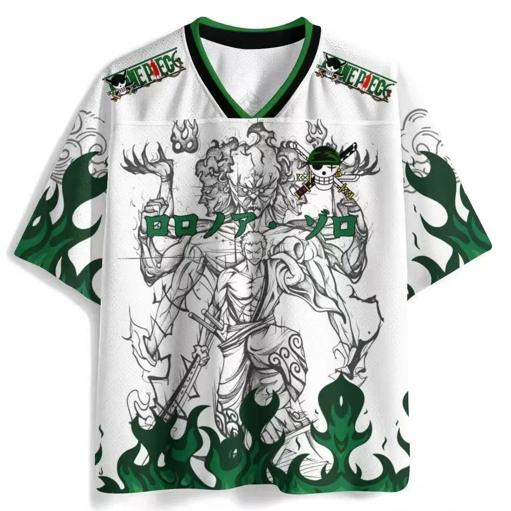Roronoa Zoro One Piece white and green flame style V-neck anime jersey