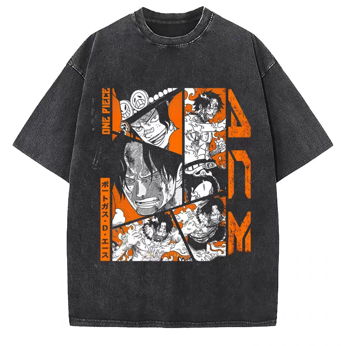 Vintage washed black cotton graphic T-shirt, front view – Ace Orange Manga Collage artwork