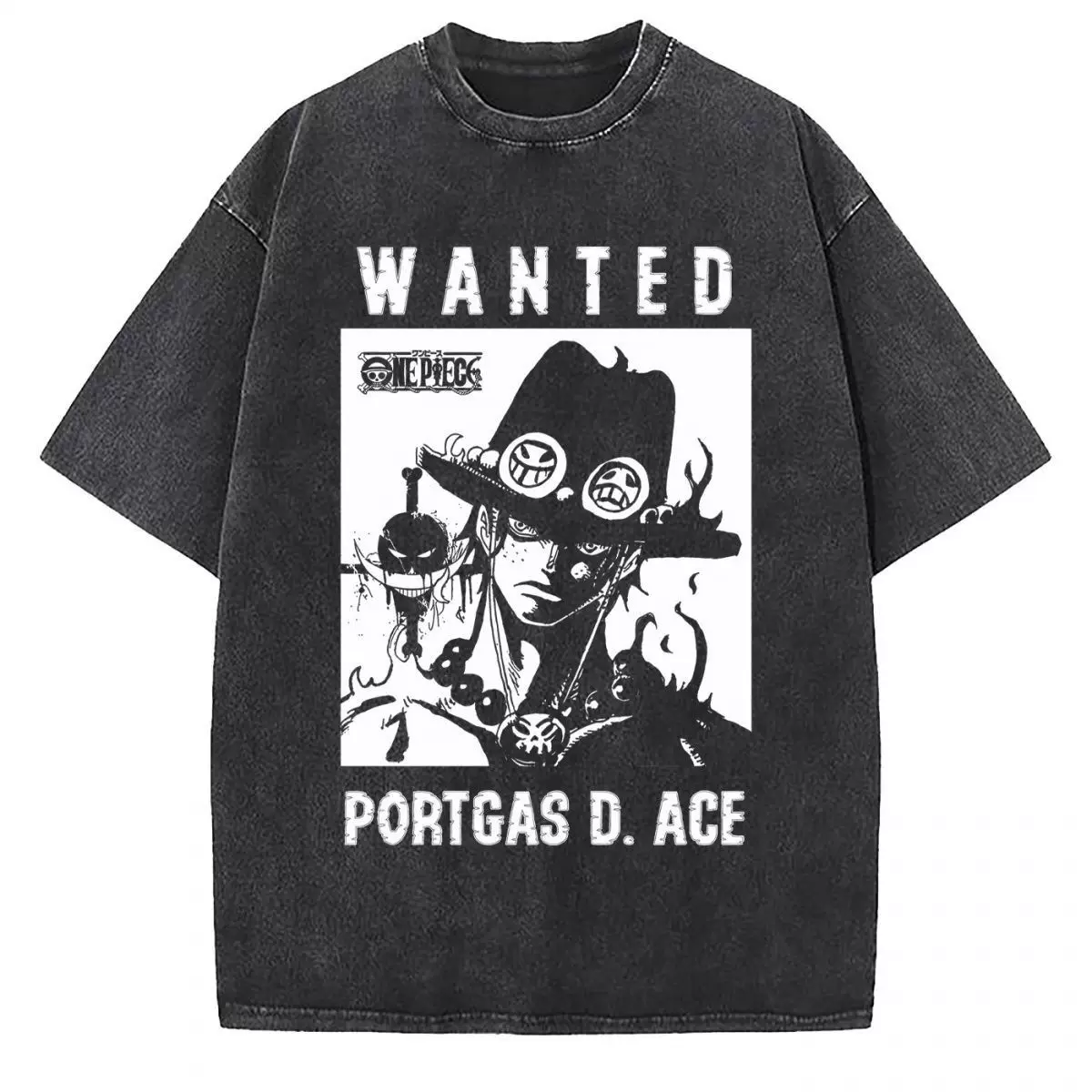 Vintage washed black cotton graphic T-shirt, front view – Ace Wanted Monochrome Poster artwork