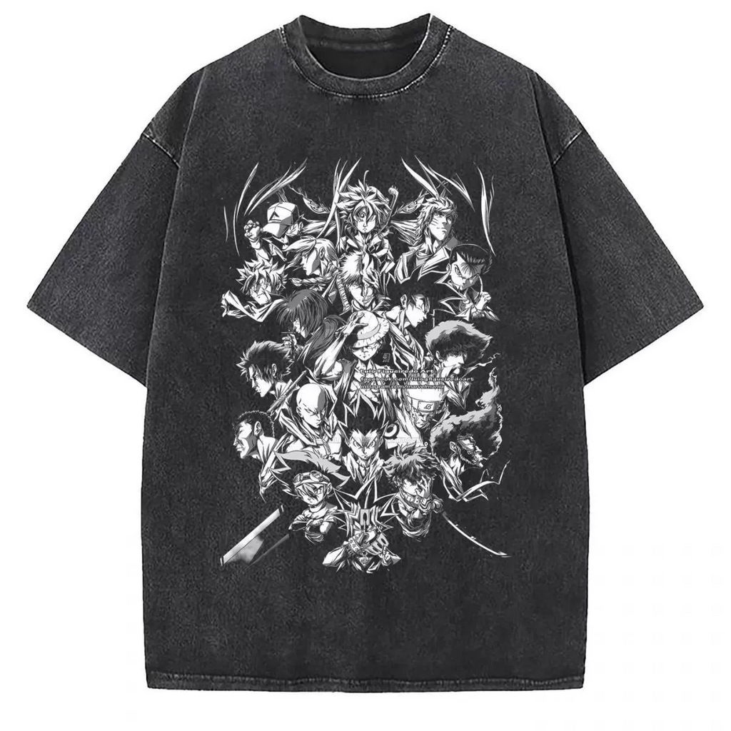 Vintage washed black cotton graphic T-shirt, front view – Anime Legends Monochrome Collage artwork