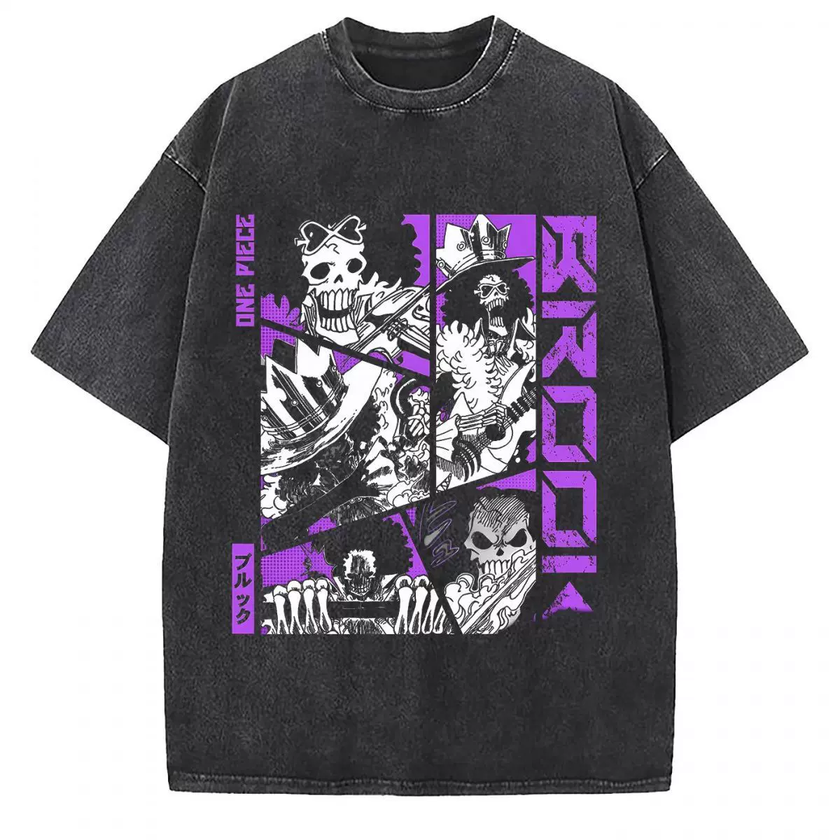 Vintage washed black cotton graphic T-shirt, front view – Brook Purple Manga Collage artwork
