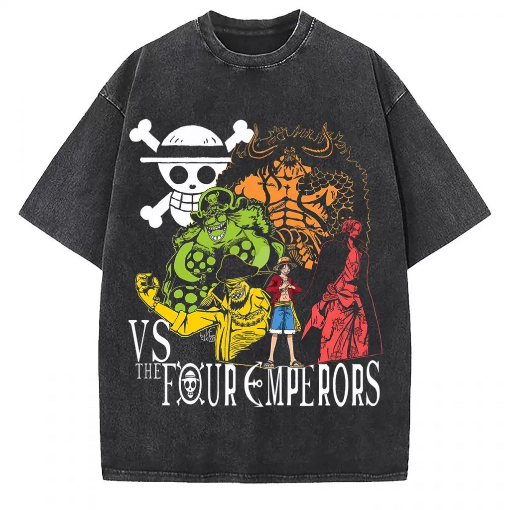 Vintage washed black cotton graphic T-shirt, front view – Four Emperors Saga artwork