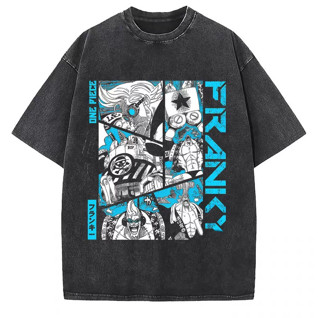 Vintage washed black cotton graphic T-shirt, front view – Franky Blue Manga Collage artwork