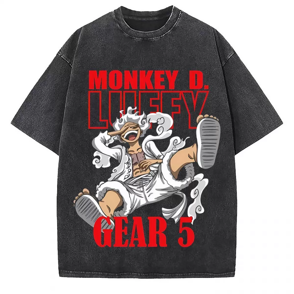 Vintage washed black cotton graphic T-shirt, front view – Luffy Gear 5 Red Poster artwork