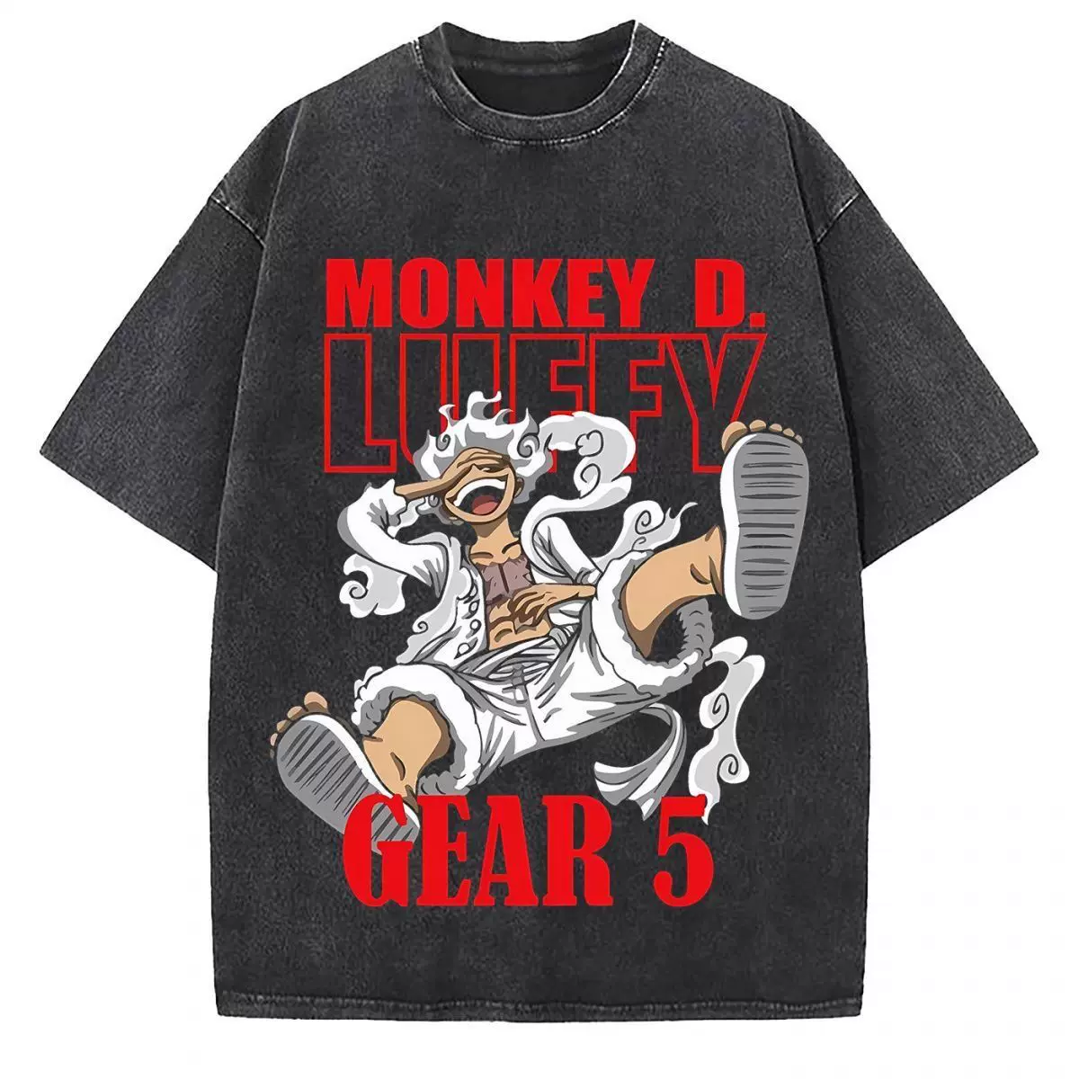 Vintage washed black cotton graphic T-shirt, front view – Luffy Gear 5 Red Poster artwork