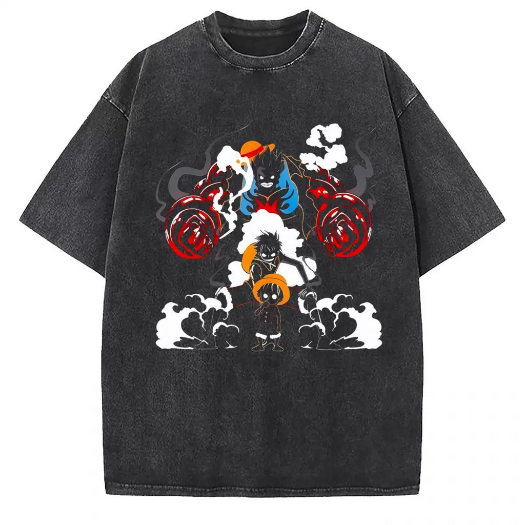 Vintage washed black cotton graphic T-shirt, front view – Luffy Haki Evolution artwork