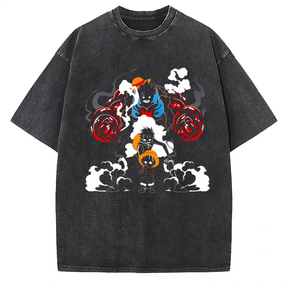 Vintage washed black cotton graphic T-shirt, front view – Luffy Haki Evolution artwork