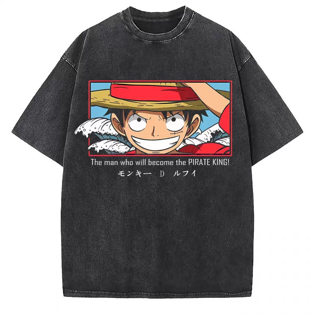 Vintage washed black cotton graphic T-shirt, front view – Luffy King of Pirates Manga Poster artwork